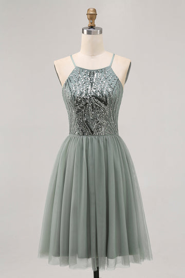 Grey Green A-line Tulle Sequins Short Prom Dress with Sequins